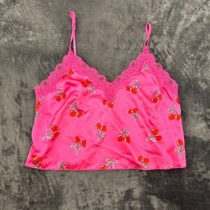 Colsie Satin Pajama Cami Top Womens Medium Pink Cherry Heart Print Lace Trim